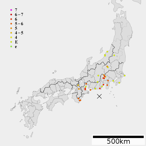 明応地震の震度分布