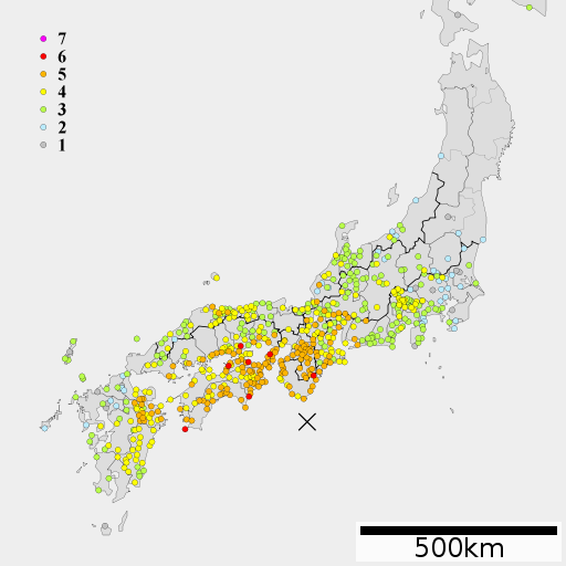 昭和南海地震の震度分布